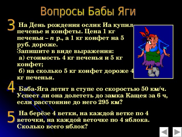 На День рождения ослик Иа купил печенье и конфеты. Цена 1 кг печенья – n р., а 1 кг конфет на 5 руб. дороже.  Запишите в виде выражения:  а) стоимость 4 кг печенья и 5 кг конфет;  б) на сколько 5 кг конфет дороже 4 кг печенья.  Баба-Яга летит в ступе со скоростью 50 км/ч. Успеет ли она долететь до замка Кащея за 6 ч, если расстояние до него 295 км?  На берёзе 4 ветки, на каждой ветке по 4 веточки, на каждой веточке по 4 яблока. Сколько всего яблок?