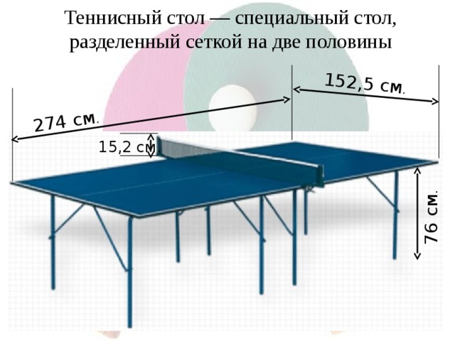 76 см . 274 см . 152,5 см . Теннисный стол — специальный стол, разделенный сеткой на две половины 15,2 см.