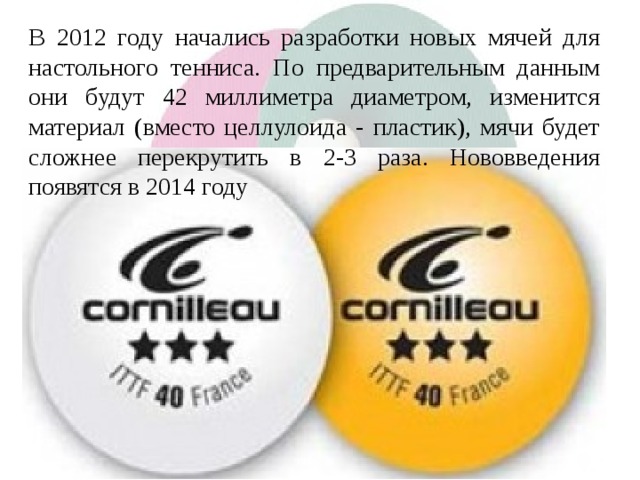 В 2012 году начались разработки новых мячей для настольного тенниса. По предварительным данным они будут 42 миллиметра диаметром, изменится материал (вместо целлулоида - пластик), мячи будет сложнее перекрутить в 2-3 раза. Нововведения появятся в 2014 году