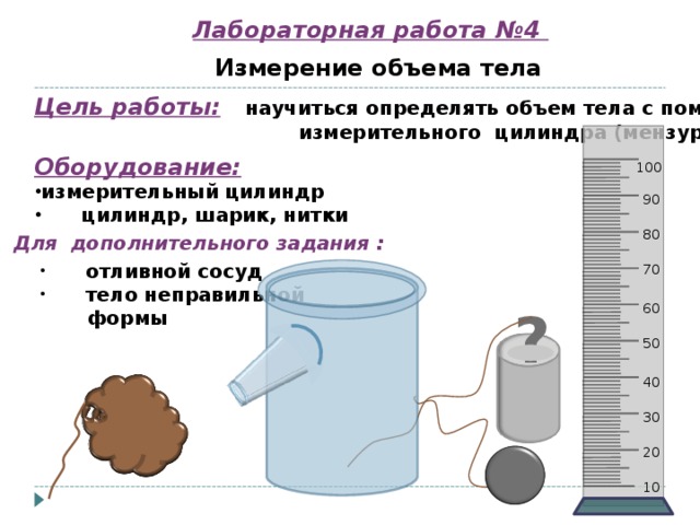 Объем проекта. Лабораторная работа по физике 7 класс измерение объема тела. Измерение объема твердого тела с помощью измерительного цилиндра. Лабораторная работа №4 «измерение объема тела». Ищэзмирение объёма тела.