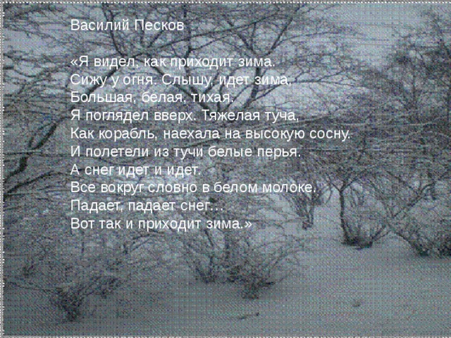 Василий Песков «Я видел, как приходит зима. Сижу у огня. Слышу, идет зима, Большая, белая, тихая. Я поглядел вверх. Тяжелая туча, Как корабль, наехала на высокую сосну. И полетели из тучи белые перья. А снег идет и идет. Все вокруг словно в белом молоке. Падает, падает снег… Вот так и приходит зима.» 