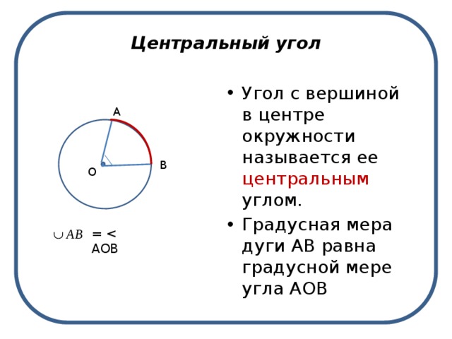 Центральный угол Угол с вершиной в центре окружности  называется ее центральным углом. Градусная мера дуги АВ равна градусной мере угла АОВ А В О = 