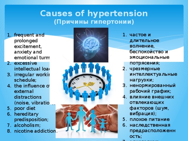 Causes of hypertension  (Причины гипертонии) частое и длительное волнение, беспокойство и эмоциональные потрясения; чрезмерные интеллектуальные нагрузки; ненормированный рабочий график; влияние внешних отвлекающих факторов (шум, вибрация); плохое питание наследственная предрасположенность; алкоголизм; никотиновой зависимостью. frequent and prolonged excitement, anxiety and emotional turmoil; excessive intellectual load; irregular working schedule; the influence of external distractions (noise, vibration); poor diet hereditary predisposition; alcoholism; nicotine addiction. 