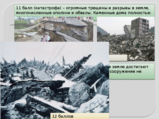 11 балл (катастрофа) – огромные трещины и разрывы в земле, многочисленные оползни и обвалы. Каменные дома полностью разрушены. 11 баллов 12 баллов (сильная катастрофа)– трещины в земле достигают десятки метров, меняется рельеф. Ни одно сооружение не выдерживает 12 баллов 