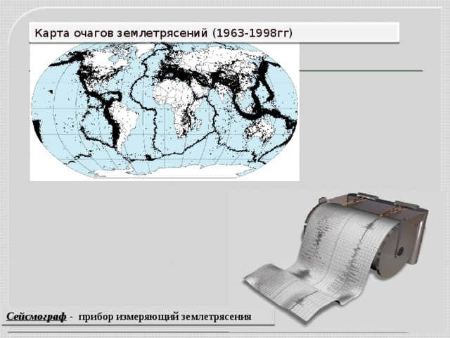 Карта очагов землетрясений (1963-1998гг) Сейсмограф - прибор измеряющий землетрясения 