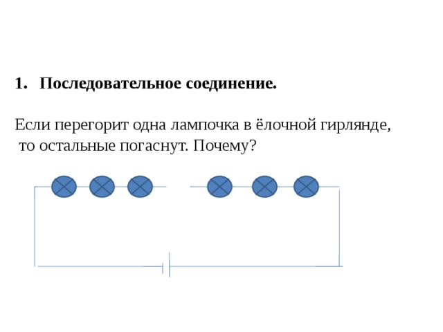 Последовательное соединение.  Если перегорит одна лампочка в ёлочной гирлянде,  то остальные погаснут. Почему? 