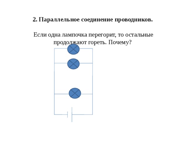 2. Параллельное соединение проводников.   Если одна лампочка перегорит, то остальные продолжают гореть. Почему? 