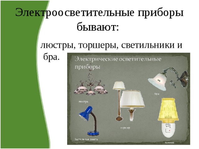 Электроосветительные приборы бывают:  люстры, торшеры, светильники и бра. 