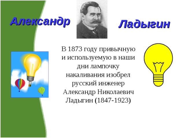Александр Ладыгин В 1873 году привычную и используемую в наши дни лампочку накаливания изобрел русский инженер Александр Николаевич Ладыгин (1847-1923) 
