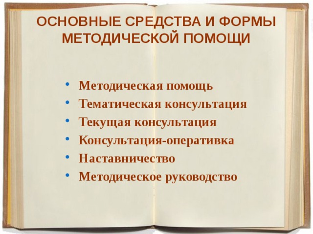 ОСНОВНЫЕ СРЕДСТВА И ФОРМЫ МЕТОДИЧЕСКОЙ ПОМОЩИ Методическая помощь  Тематическая консультация  Текущая консультация  Консультация-оперативка  Наставничество Методическое руководство 