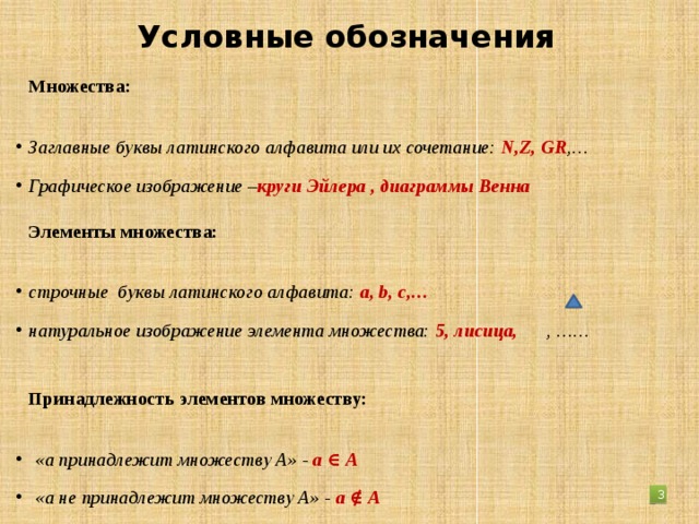 Условные обозначения  Множества:  Заглавные буквы латинского алфавита или их сочетание: N,Z, GR ,… Графическое изображение – круги Эйлера , диаграммы Венна   Элементы множества:  строчные буквы латинского алфавита: a, b, c,… натуральное изображение элемента множества: 5, лисица, , ……    Принадлежность элементов множеству:  «а принадлежит множеству А» - а ∈ А «а не принадлежит множеству А» - а ∉ А       