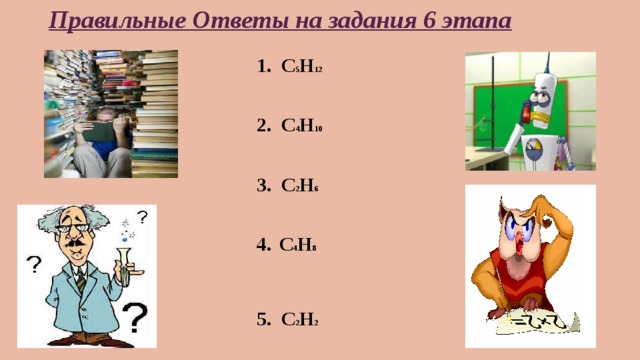 Правильные Ответы на задания 6 этапа  1. С 5 Н 12   2. С 4 Н 10   3. С 2 Н 6   4.  С 4 Н 8    5. С 2 Н 2  