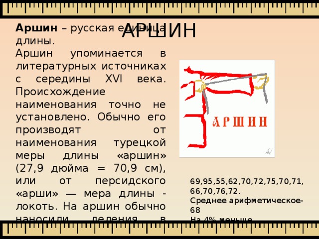 АРШИН Аршин – русская единица длины. Аршин упоминается в литературных источниках с середины XVI века. Происхождение наименования точно не установлено. Обычно его производят от наименования турецкой меры длины «аршин» (27,9 дюйма = 70,9 см), или от персидского «арши» — мера длины - локоть. На аршин обычно наносили деления в вершках. 69,95,55,62,70,72,75,70,71,66,70,76,72. Среднее арифметическое-68 На 4% меньше. 