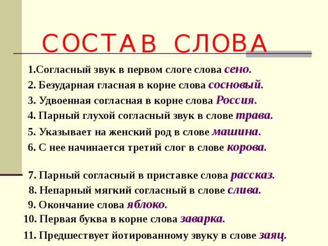 О В Т С С А О Л А С В 1.Согласный звук в первом слоге слова сено. 2. Безударная гласная в корне слова сосновый. 3. Удвоенная согласная в корне слова Россия. 4. Парный глухой согласный звук в слове трава. 5. Указывает на женский род в слове машина. 6. С нее начинается третий слог в слове корова. 7. Парный согласный в приставке слова рассказ. 8. Непарный мягкий согласный в слове слива. 9. Окончание слова яблоко. 10. Первая буква в корне слова заварка. 11. Предшествует йотированному звуку в слове заяц.