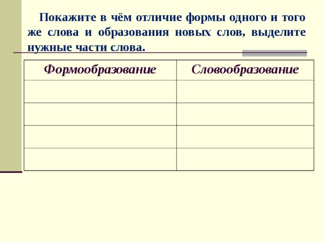 Покажите в чём отличие формы одного и того же слова и образования новых слов, выделите нужные части слова. Формообразование Словообразование