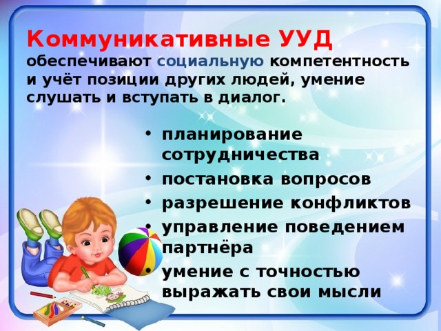 Коммуникативные УУД  обеспечивают социальную компетентность и учёт позиции других людей, умение слушать и вступать в диалог. планирование сотрудничества постановка вопросов разрешение конфликтов управление поведением партнёра умение с точностью выражать свои мысли 6 