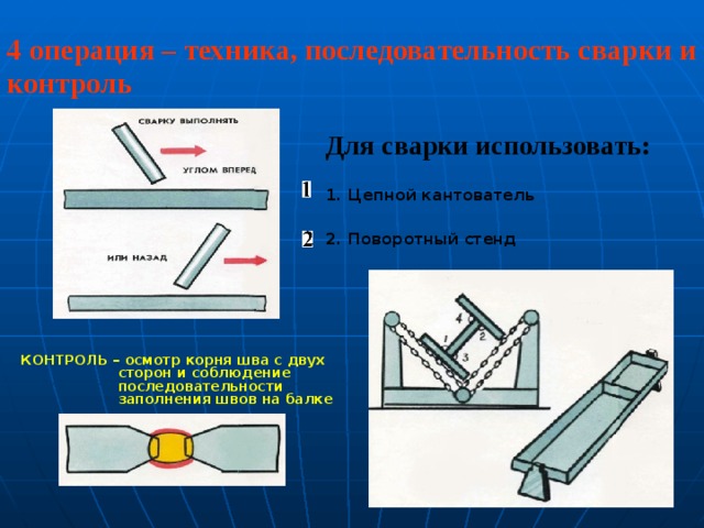 4 операция – техника, последовательность сварки и контроль  Для сварки использовать: 1. Цепной кантователь  2. Поворотный стенд КОНТРОЛЬ – осмотр корня шва с двух сторон и соблюдение последовательности заполнения швов на балке 