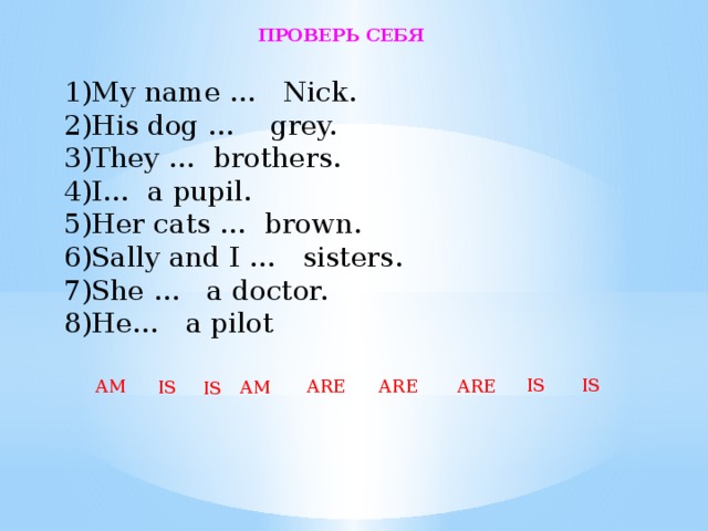 ПРОВЕРЬ СЕБЯ My name … Nick. His dog … grey. They … brothers. I… a pupil. Her cats … brown. Sally and I … sisters. She … a doctor. He… a pilot IS IS ARE ARE ARE AM AM IS IS 