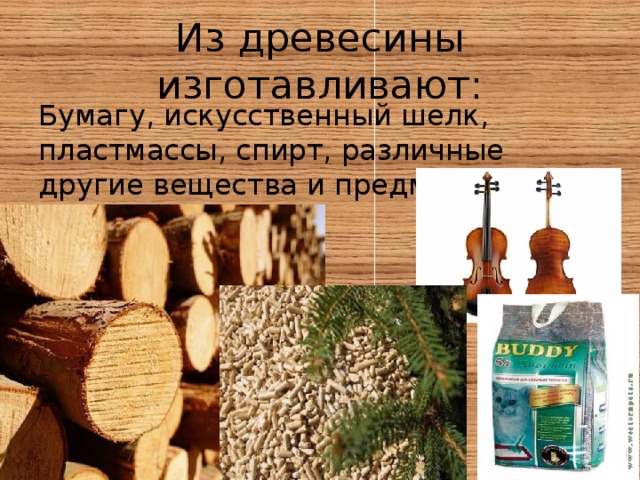 Из древесины изготавливают: Бумагу, искусственный шелк, пластмассы, спирт, различные другие вещества и предметы.  
