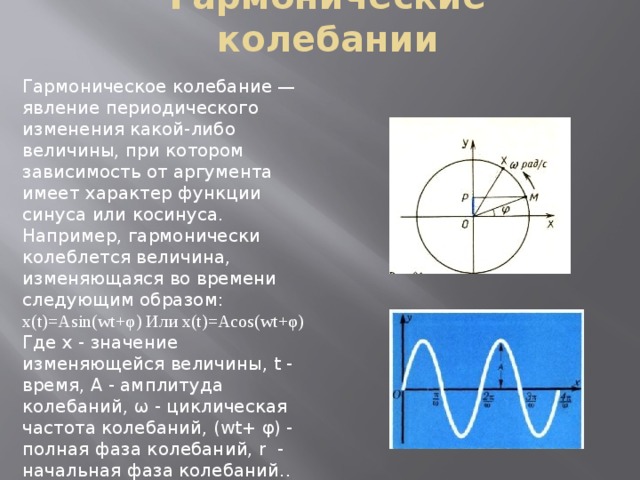 Гармонические колебании Гармоническое колебание — явление периодического изменения какой-либо величины, при котором зависимость от аргумента имеет характер функции синуса или косинуса. Например, гармонически колеблется величина, изменяющаяся во времени следующим образом: x(t)=Asin(wt+φ) Или x(t)=Acos(wt+φ) Где х - значение изменяющейся величины, t - время, А - амплитуда колебаний, ω - циклическая частота колебаний, (wt+ φ) - полная фаза колебаний, r  - начальная фаза колебаний.. 