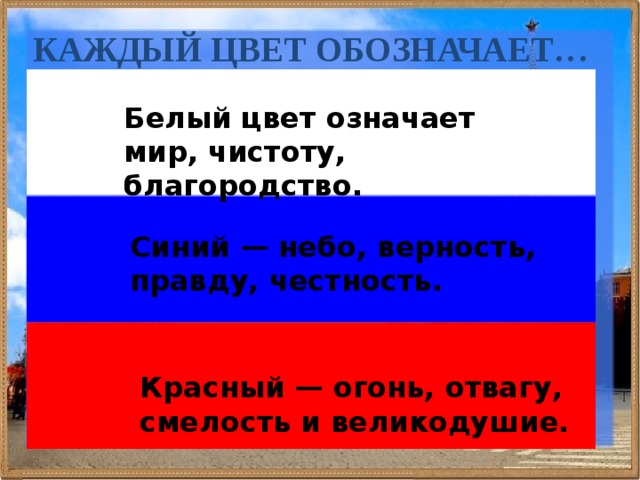 КАЖДЫЙ ЦВЕТ ОБОЗНАЧАЕТ… Белый цвет означает мир, чистоту, благородство. Синий — небо, верность, правду, честность. Красный — огонь, отвагу, смелость и великодушие. 