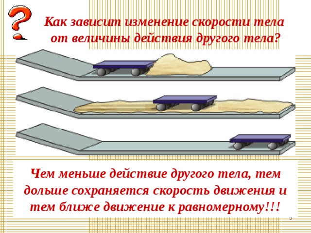 Как зависит изменение скорости тела  от величины действия другого тела? Чем меньше действие другого тела, тем дольше сохраняется скорость движения и тем ближе движение к равномерному!!!  