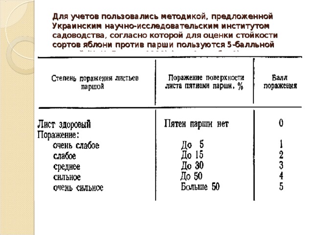 Для учетов пользовались методикой, предложенной Украинским научно-исследовательским институтом садоводства, согласно которой для оценки стойкости сортов яблони против парши пользуются 5-балльной шкалой (И. И. Белоус, 1960) (рис. 1 и табл. 1).      