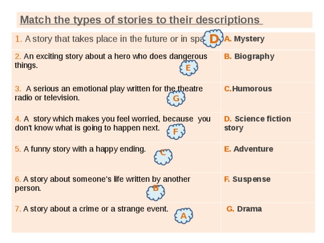 Match description. Match the Types of stories to their descriptions ответы 7. Types of stories. Match the stories. Match описание.