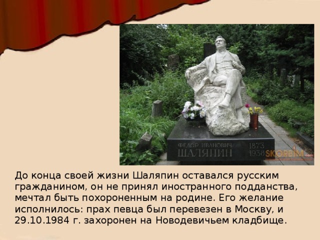 До конца своей жизни Шаляпин оставался русским гражданином, он не принял иностранного подданства, мечтал быть похороненным на родине. Его желание исполнилось: прах певца был перевезен в Москву, и 29.10.1984 г. захоронен на Новодевичьем кладбище. 