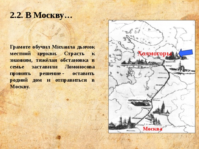 2.2. В Москву… Грамоте обучил Михаила дьячок местной церкви. Страсть к знаниям, тяжёлая обстановка в семье заставили Ломоносова принять решение - оставить родной дом и отправиться в Москву. Холмогоры Москва 