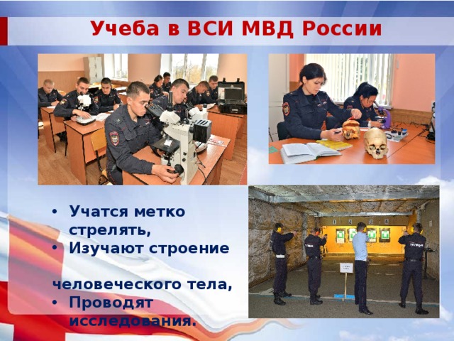 Учеба в ВСИ МВД России Учатся метко стрелять, Изучают строение  человеческого тела, Проводят исследования.  