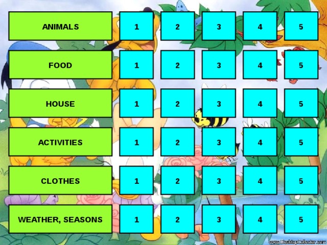 ANIMALS 5 1 2 3 4 FOOD 5 4 2 3 1 HOUSE 3 5 4 1 2 ACTIVITIES 2 1 5 4 3 CLOTHES 1 2 4 5 3 WEATHER, SEASONS 3 1 4 2 5 