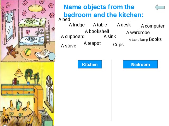 Name objects from the bedroom and the kitchen: A bed A desk A fridge A table A computer A bookshelf A wardrobe A sink A cupboard Books A table lamp A teapot Cups A stove Bedroom Kitchen 
