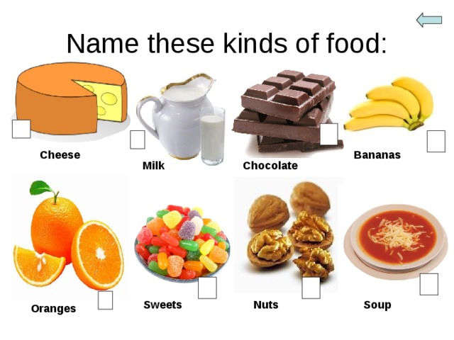 Name these kinds of food: Bananas Cheese Chocolate Milk Soup Nuts Sweets Oranges 