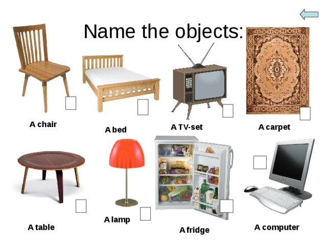 Name the objects: A chair A carpet A TV-set A bed A lamp A computer A table A fridge 