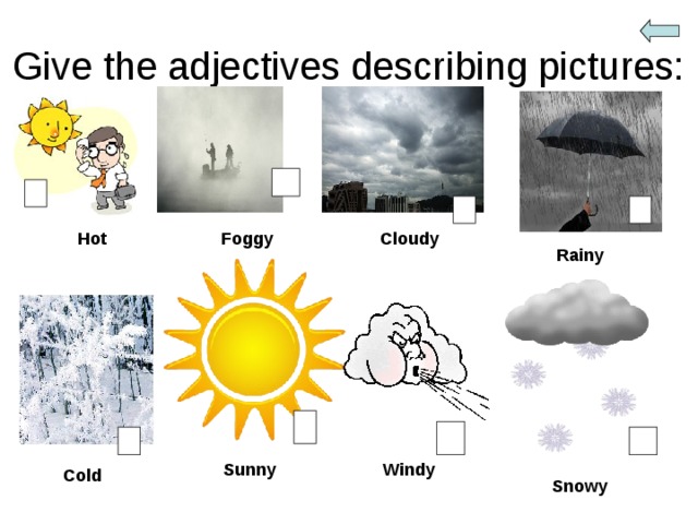 Give the adjectives describing pictures: Cloudy Foggy Hot Rainy Sunny Windy Cold Snowy 
