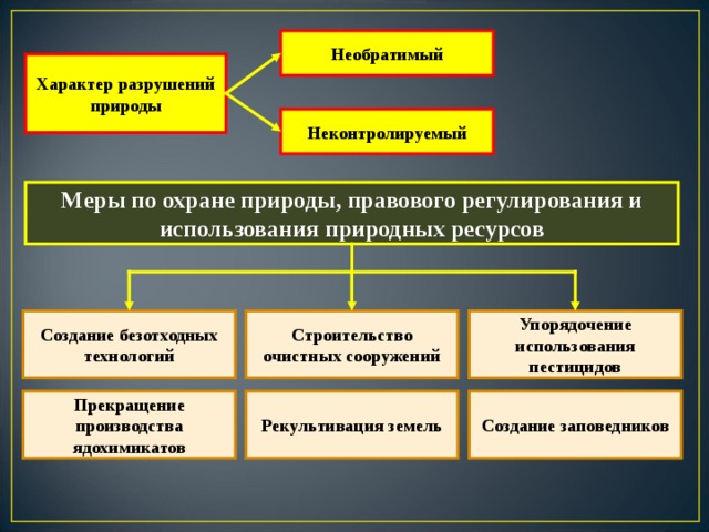 Необратимый Характер разрушений природы Неконтролируемый Меры по охране природы, правового регулирования и использования природных ресурсов Строительство очистных сооружений Упорядочение использования пестицидов Создание безотходных технологий Рекультивация земель Создание заповедников Прекращение производства ядохимикатов 10 