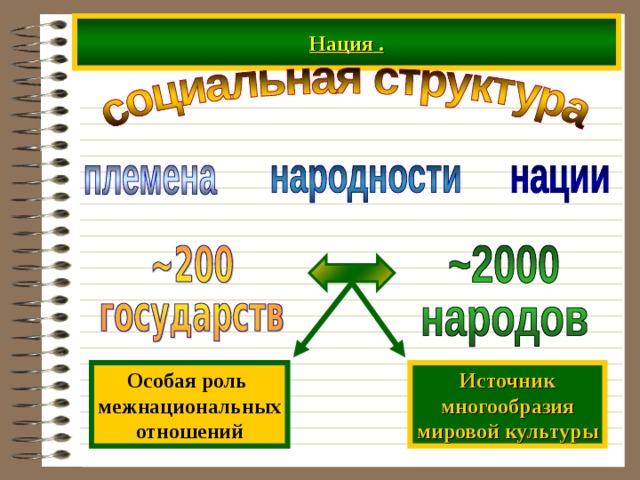 Нация . Особая роль межнациональных отношений Источник многообразия мировой культуры 