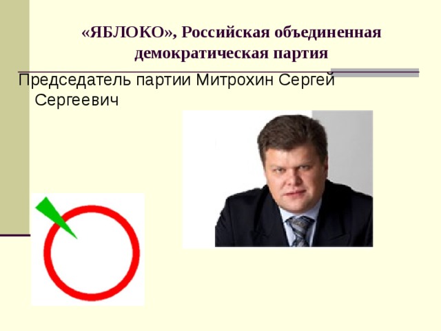 «ЯБЛОКО», Российская объединенная демократическая партия Председатель партии Митрохин Сергей Сергеевич 