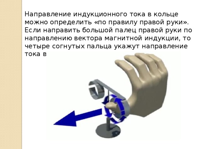 Направление индукционного тока в кольце можно определить «по правилу правой руки». Если направить большой палец правой руки по направлению вектора магнитной индукции, то четыре согнутых пальца укажут направление тока в кольце . 