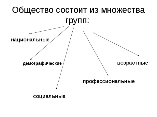 Общество состоит из множества групп: национальные возрастные демографические профессиональные социальные 