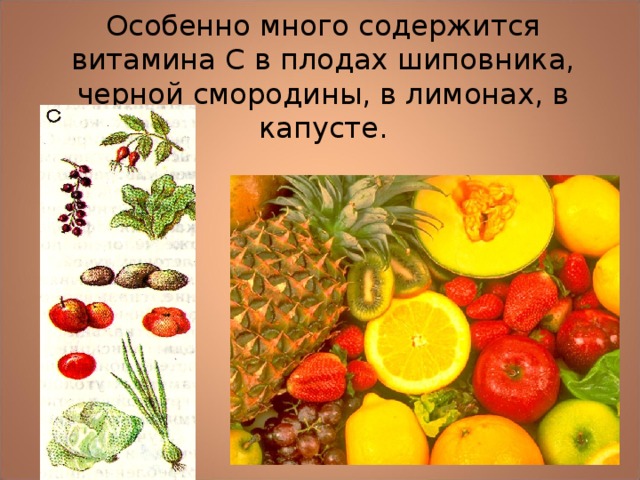 Особенно много содержится витамина С в плодах шиповника, черной смородины, в лимонах, в капусте. 