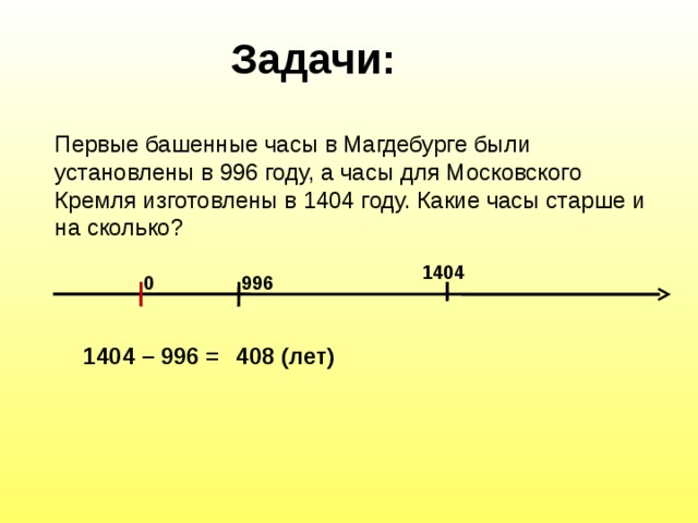 Задачи:  Первые башенные часы в Магдебурге были  установлены в 996 году, а часы для Московского  Кремля изготовлены в 1404 году. Какие часы старше и  на сколько? 1404 0 996 1404 – 996 = 408 (лет) 