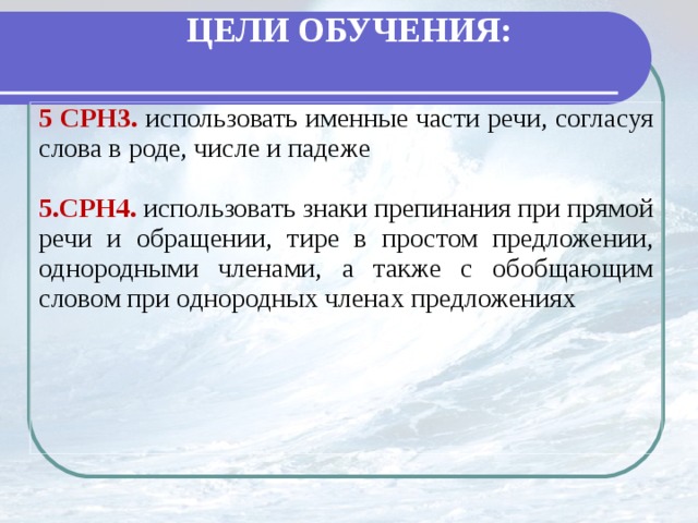 ЦЕЛИ ОБУЧЕНИЯ: 5 СРН3. использовать именные части речи, согласуя слова в роде, числе и падеже 5.СРН4. использовать знаки препинания при прямой речи и обращении, тире в простом предложении, однородными членами, а также с обобщающим словом при однородных членах предложениях