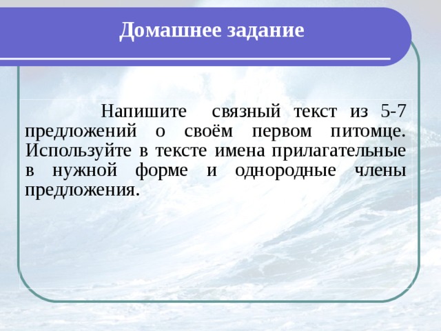 Домашнее задание  Напишите связный текст из 5-7 предложений о своём первом питомце. Используйте в тексте имена прилагательные в нужной форме и однородные члены предложения.