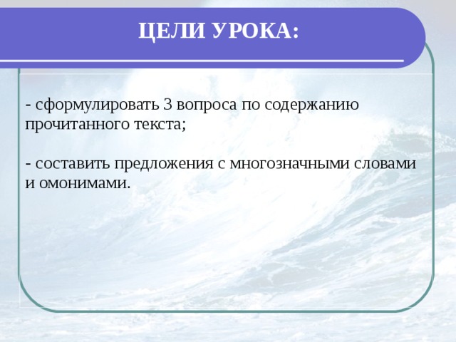 ЦЕЛИ УРОКА: - сформулировать 3 вопроса по содержанию прочитанного текста; - составить предложения с многозначными словами и омонимами.