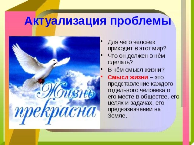 Актуализация проблемы Для чего человек приходит в этот мир? Что он должен в нём сделать? В чём смысл жизни? Смысл жизни  – это представление каждого отдельного человека о его месте в обществе, его целях и задачах, его предназначении на Земле. 