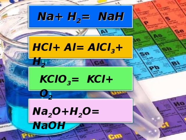 Na+ H 2 = NaH  HCl+ Al= AlCl 3 + H 2  KClO 3 = KCl+ O 2  Na 2 O+H 2 O= NaOH 