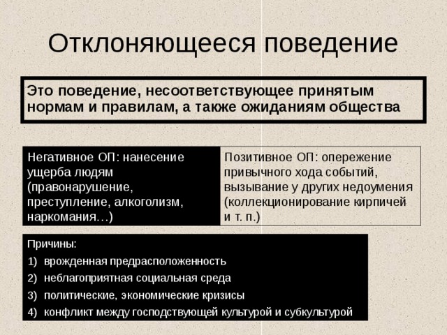 Отклоняющееся поведение Это поведение, несоответствующее принятым нормам и правилам, а также ожиданиям общества Негативное ОП: нанесение ущерба людям (правонарушение, преступление, алкоголизм, наркомания…) Позитивное ОП: опережение привычного хода событий, вызывание у других недоумения (коллекционирование кирпичей и т. п.) Причины: врожденная предрасположенность неблагоприятная социальная среда политические, экономические кризисы конфликт между господствующей культурой и субкультурой 