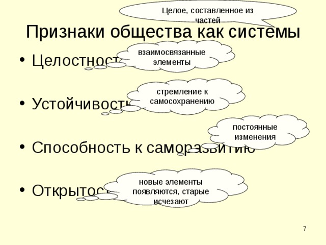 Целое, составленное из частей Признаки общества как системы взаимосвязанные элементы Целостность Устойчивость Способность к саморазвитию Открытость стремление к самосохранению постоянные изменения новые элементы появляются, старые исчезают  